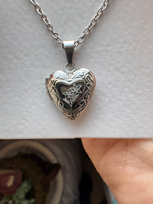 Wildflower Dainty heart floral locket Carefully Engraved Stainless Steel