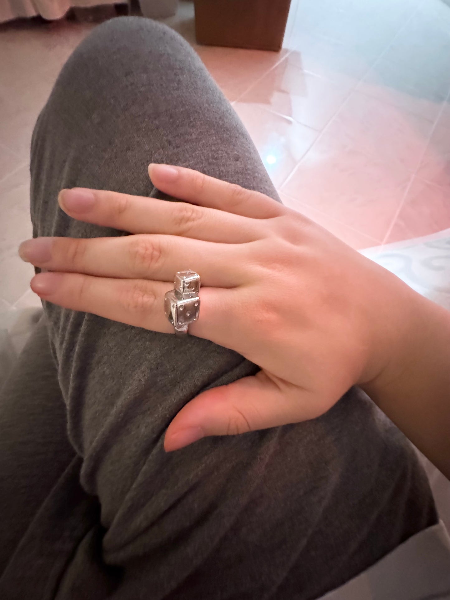 Dice Lay Down Silver Stainless Steel Non Tarnish Open Size Ring