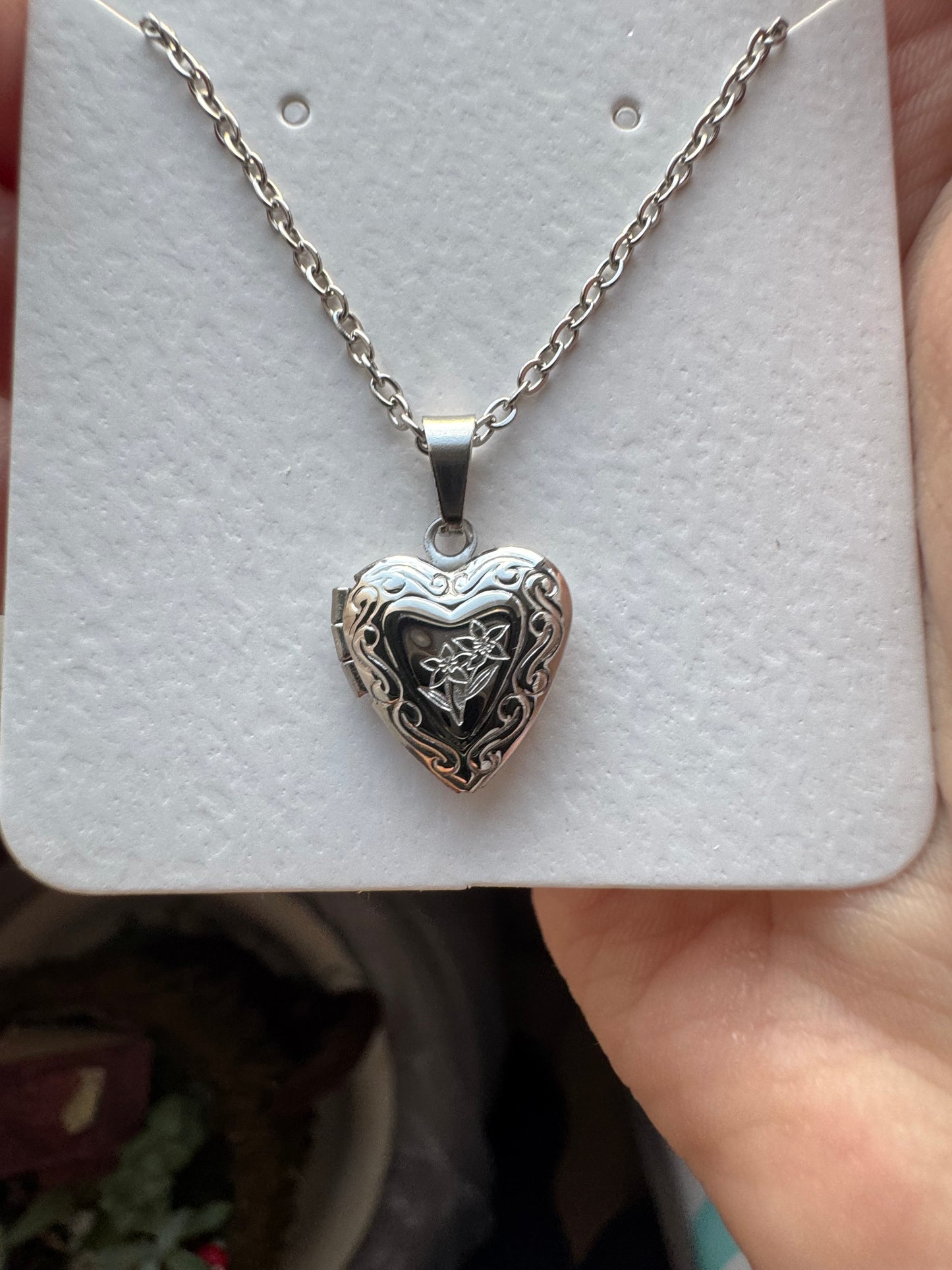 Wildflower Dainty heart floral locket Carefully Engraved Stainless Steel