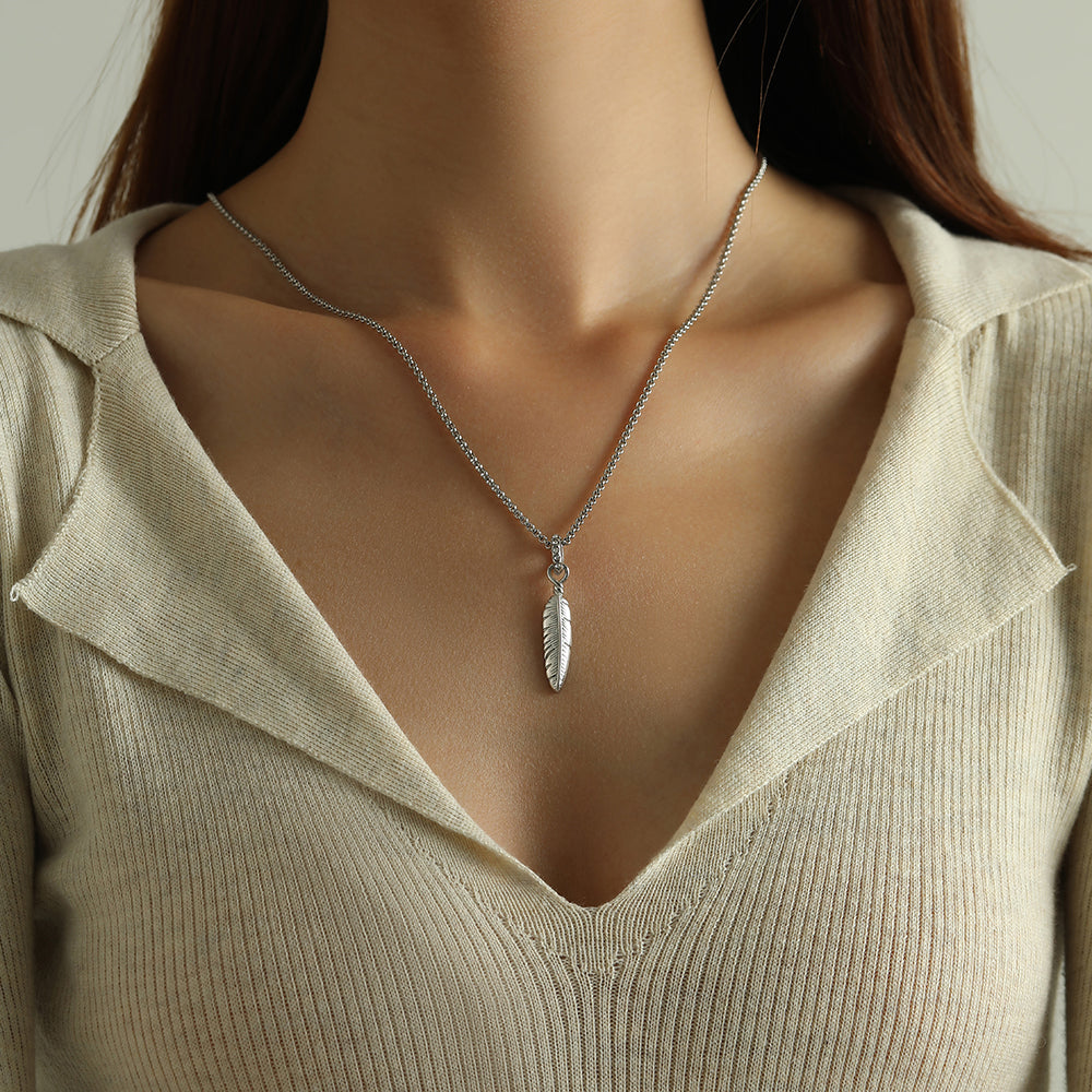 Bird Feather Necklace Stainless Steel Embedded stones on hook