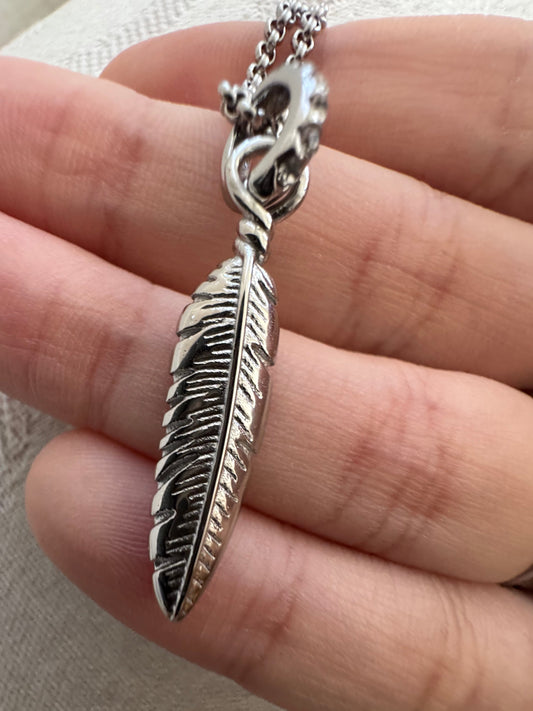 Bird Feather Necklace Stainless Steel Embedded stones on hook
