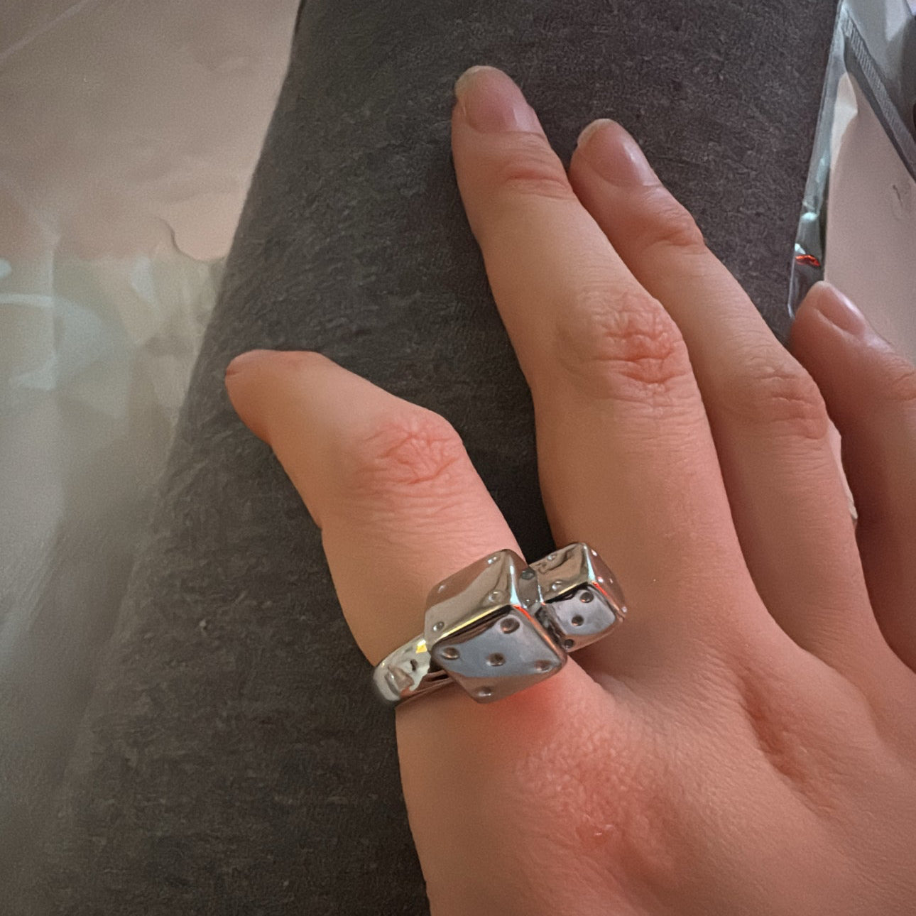 Dice Lay Down Silver Stainless Steel Non Tarnish Open Size Ring