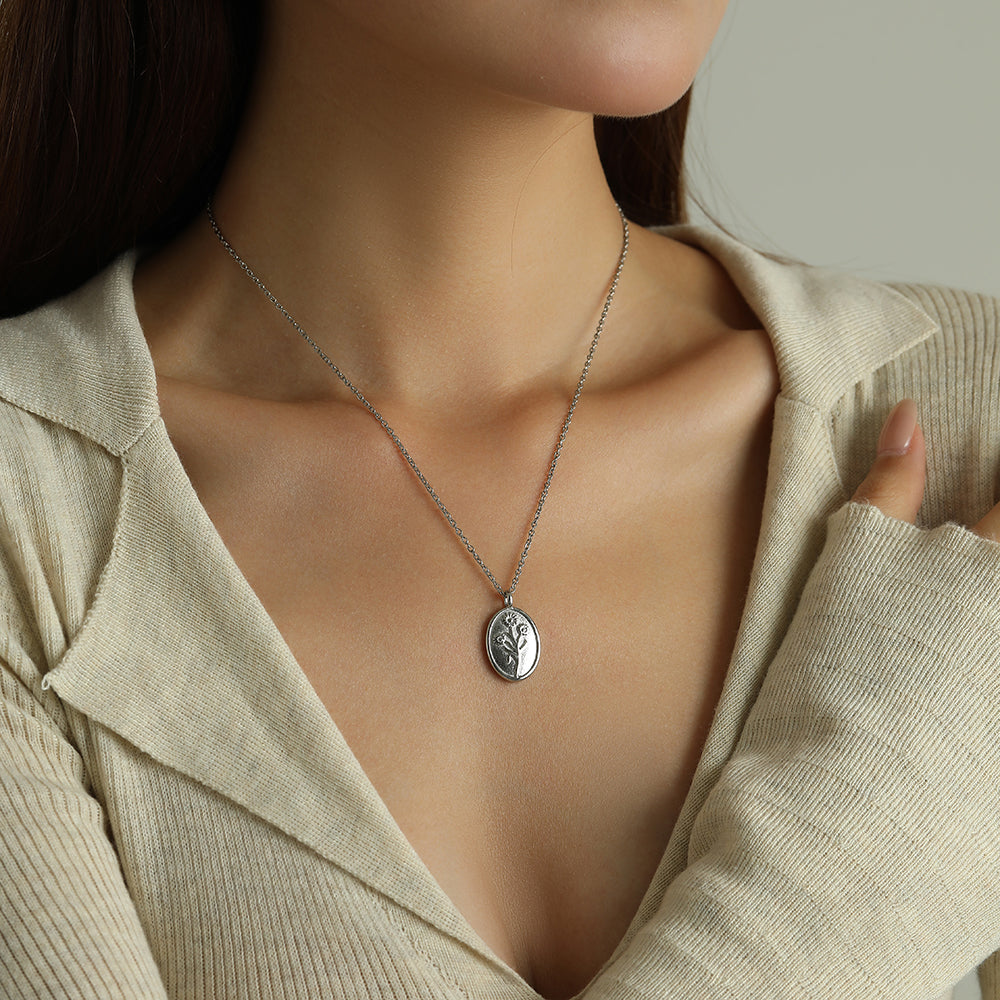 Wildflower Pendant Necklace Engraving Stainless Steel