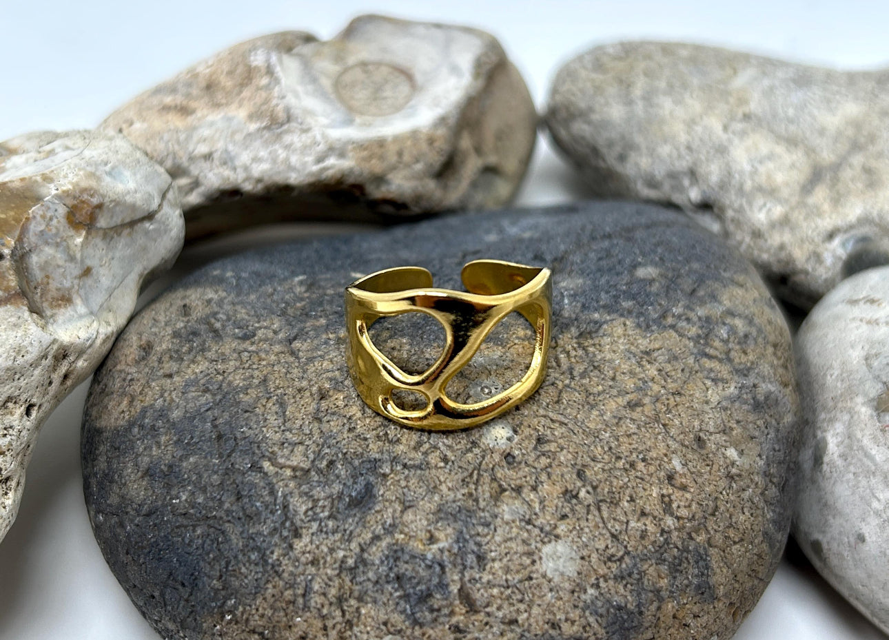 Polished Silver + Gold Stainless Steel Open Size Design Ring