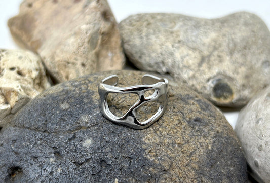 Polished Silver + Gold Stainless Steel Open Size Design Ring